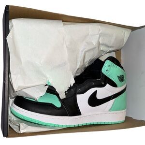 Nike Air Jordan 1 Mid Sneakers - Black, White & Mint Green 7 Youth Women’s 8.5
